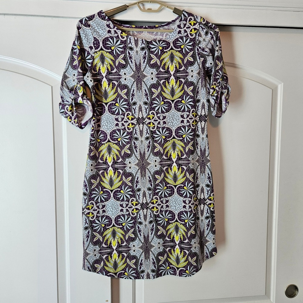 T-Shirt Tunic Dress Large Purple Geometric Mosaic Comfort Stretch VacationModest